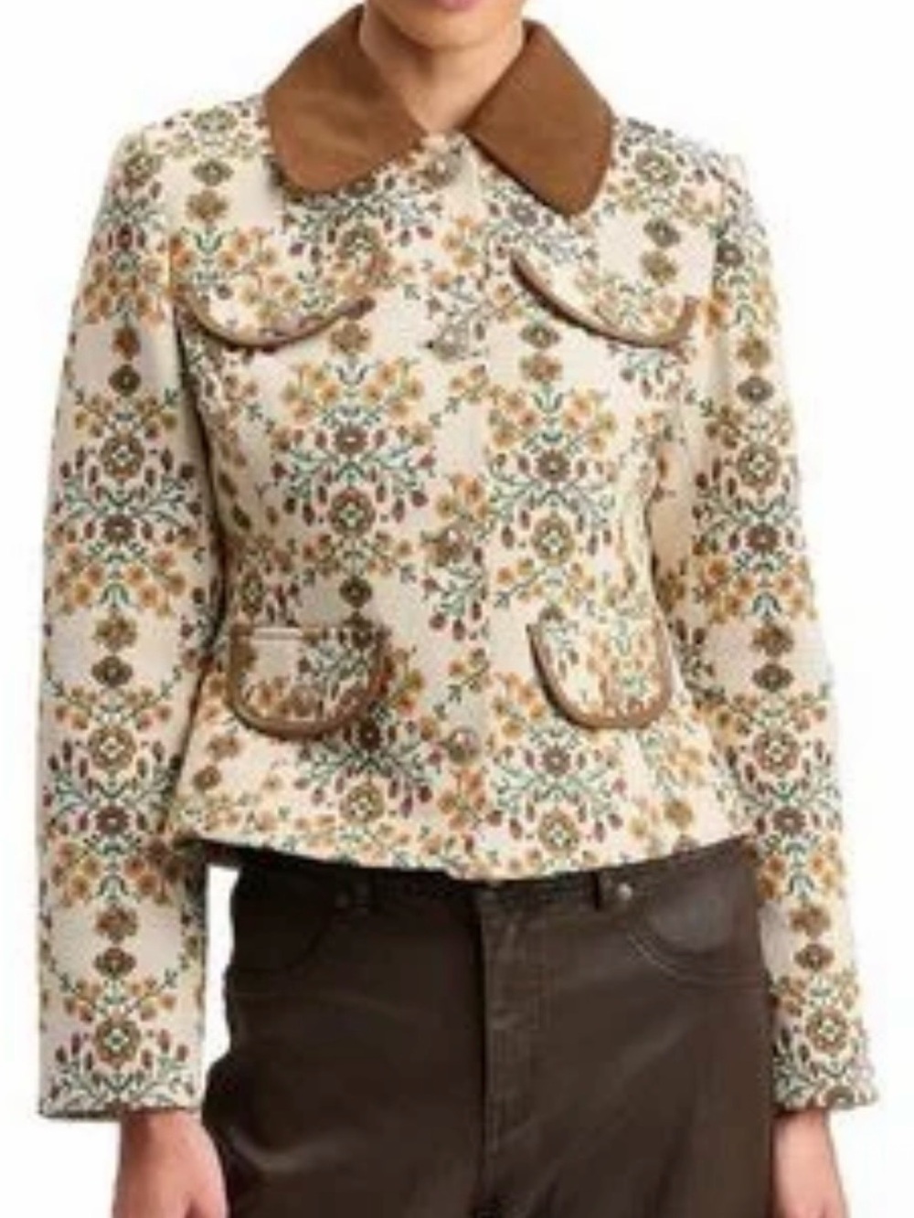 Avec Les Filles Women’s Floral Tapestry Jacket Brown Corduroy Collar Size S